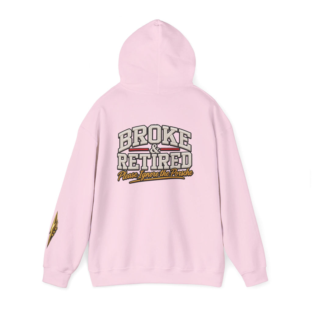 Broke & Retired Hoodie — 'Please Ignore the Pockets' Graphic Sweatshirt