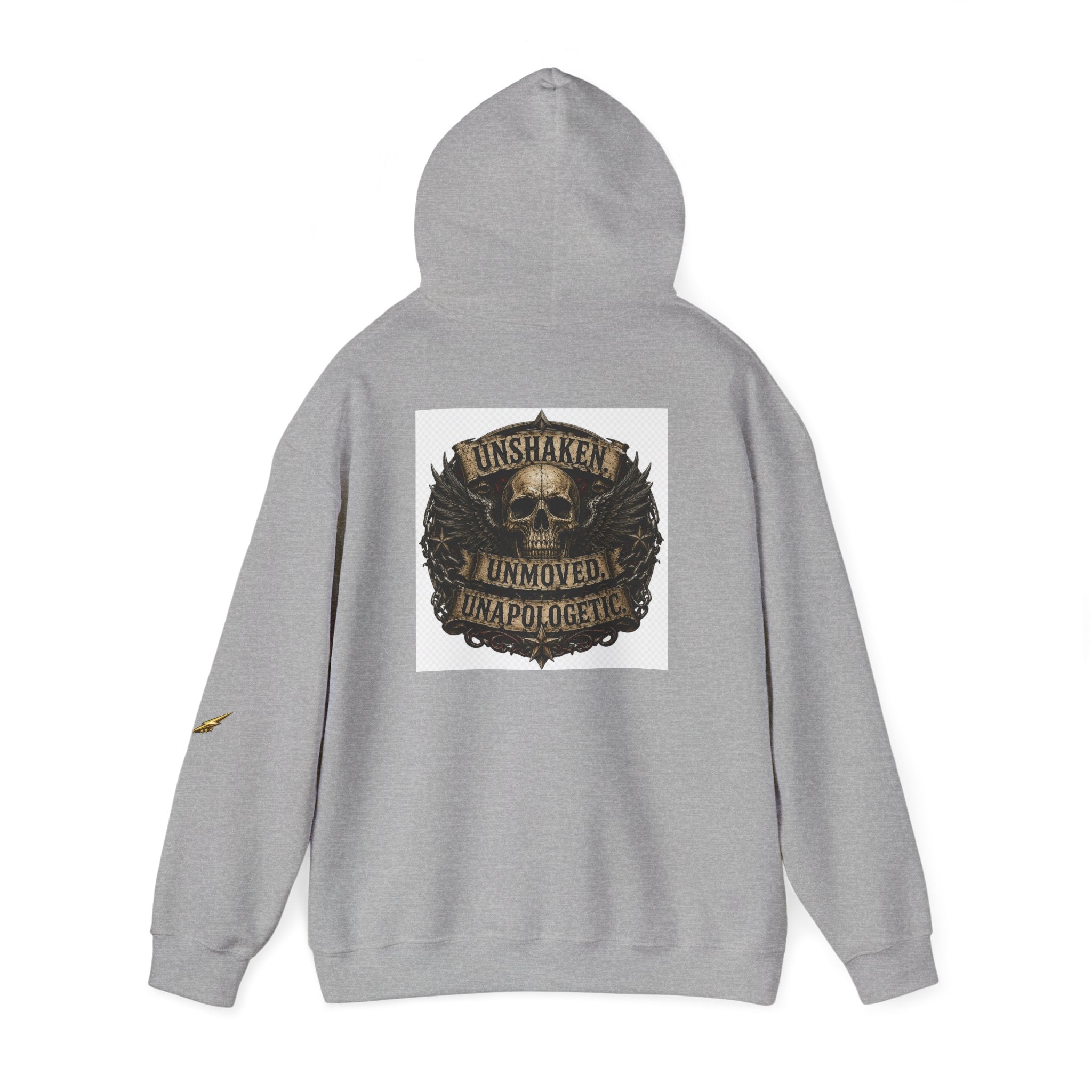 Hoodie — "Unshaken, Unmoved, Unapologetic" Skull Crest Back Print