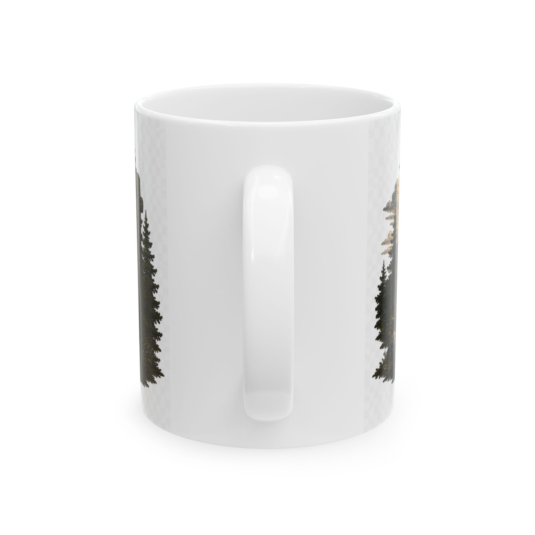 Sunrise Wilderness Ceramic Mug — Scenic Mountains & 'Seek Adventure' Sign (11oz, 15oz)