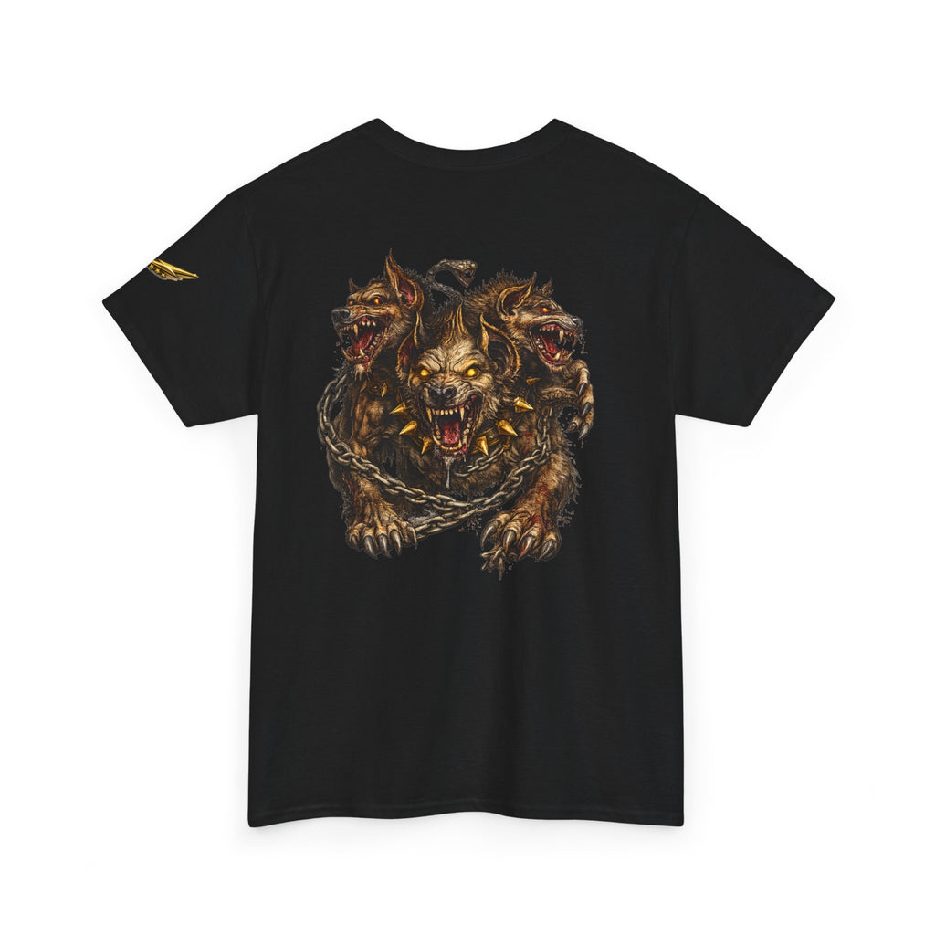 Three-Headed Hellhound Graphic Tee — Mythic Wolf Monster Back Print