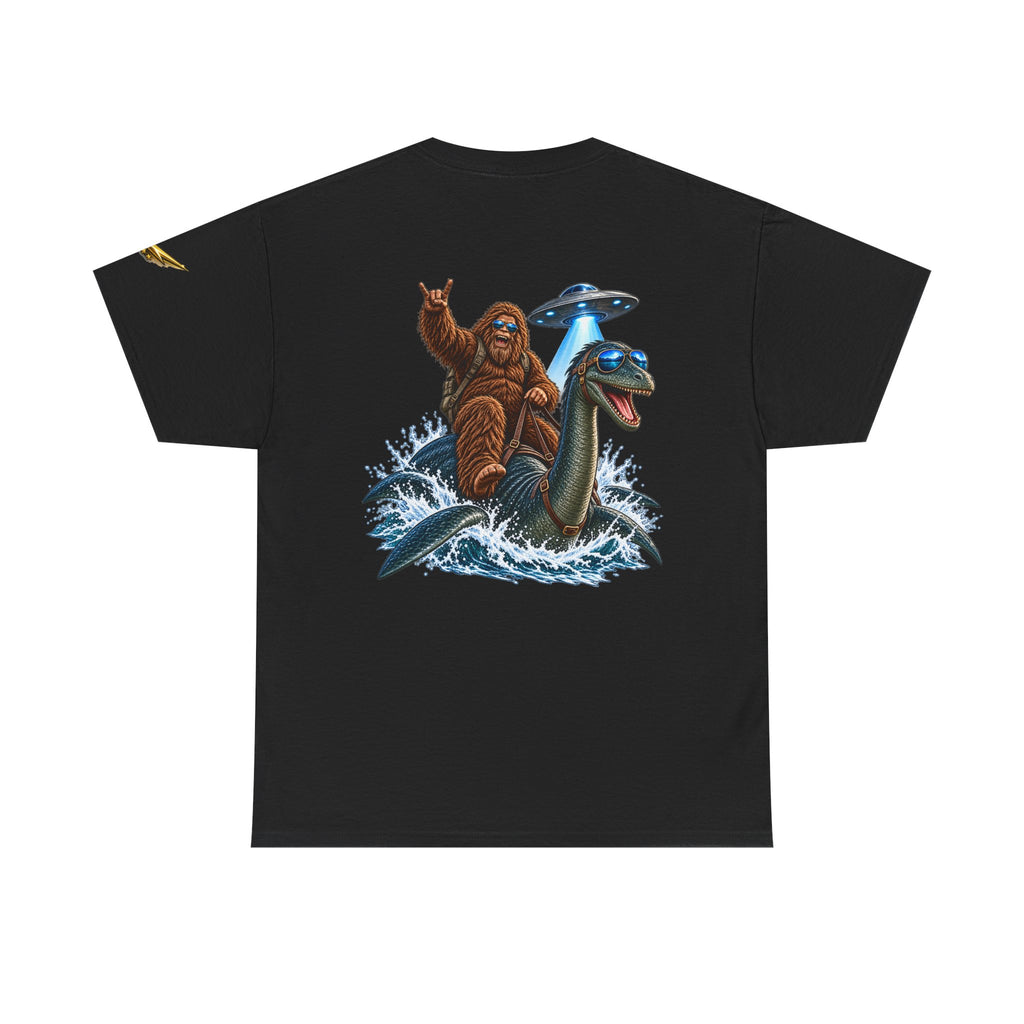 T-Shirt — Sasquatch Riding Loch Ness Monster with UFOs Graphic Tee