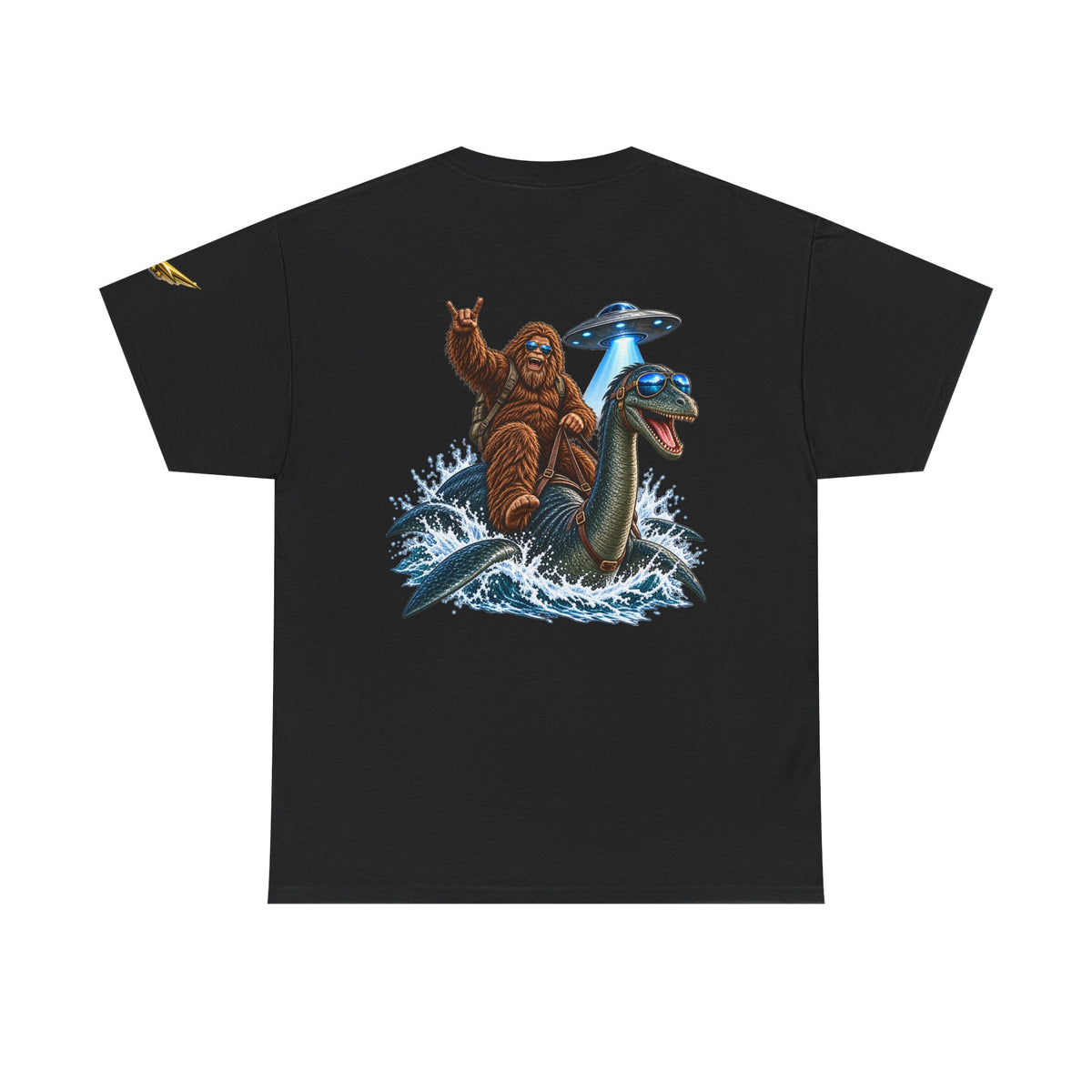 T-Shirt — Sasquatch Riding Loch Ness Monster with UFOs Graphic Tee