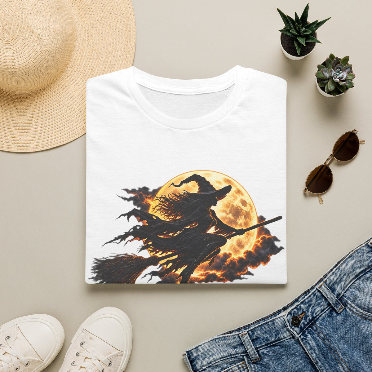 Witch Silhouette T-Shirt — Flying Witch & Full Moon Halloween Tee