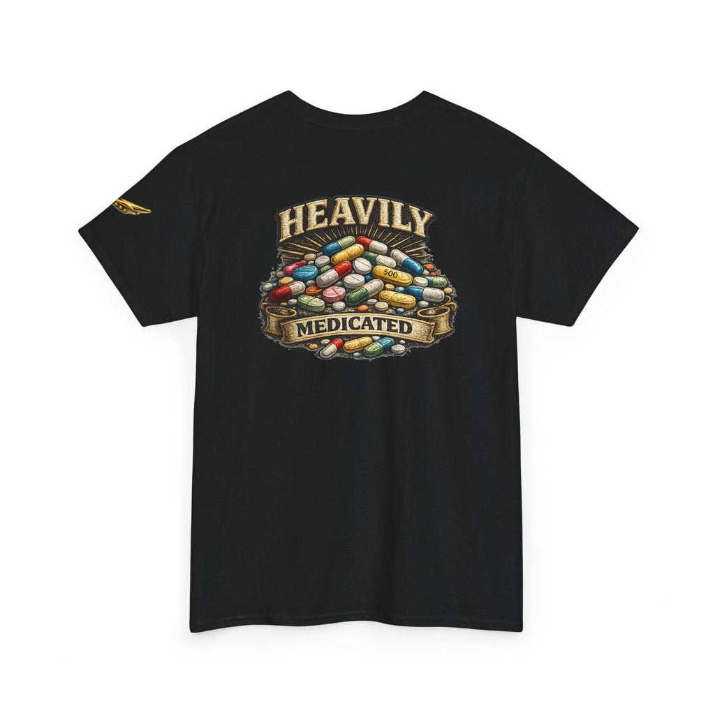 Heavily Medicated Tee — Graphic Pill Pile Back Print T‑Shirt