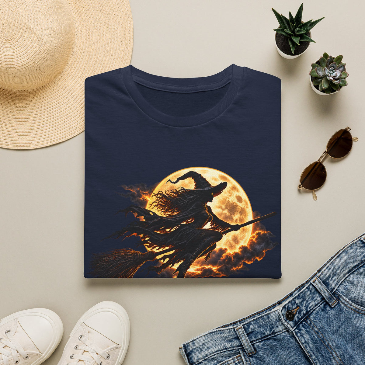 Witch Silhouette T-Shirt — Flying Witch & Full Moon Halloween Tee