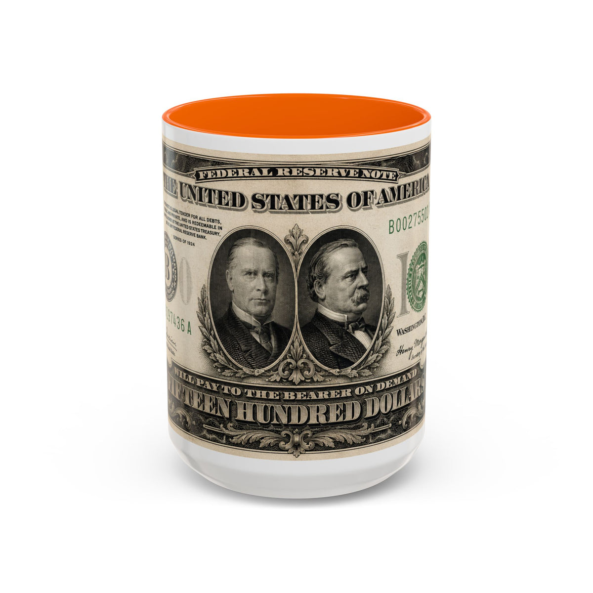 Money Print Coffee Mug — Vintage 1000 & 500 Note Accent Mug