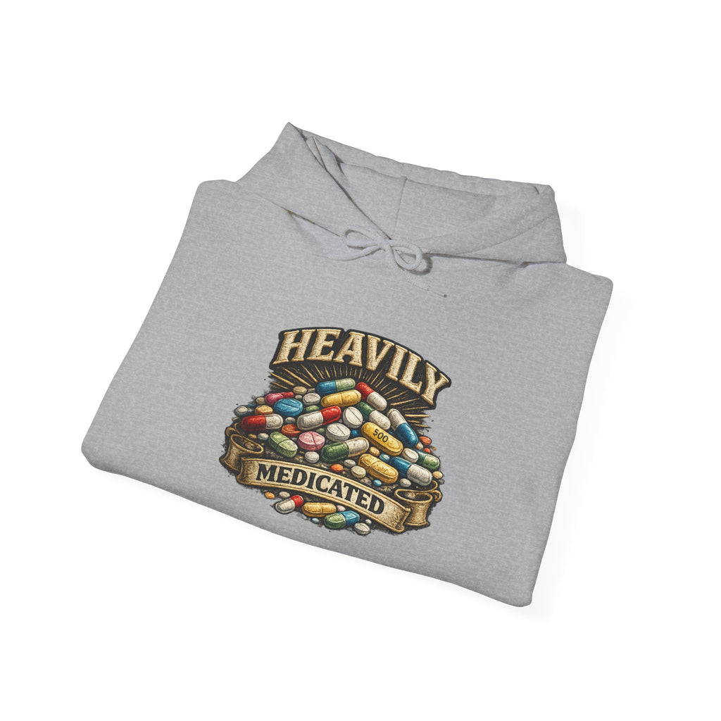 Heavily Medicated Hoodie — 'Heavily Medicated' Pill Pile Graphic Pullover