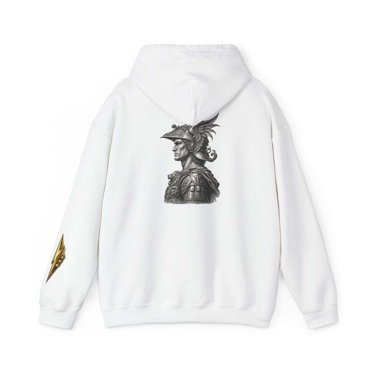 Roman Soldier Hoodie — Detailed Bust Illustration on Back, Gold Sleeve Emblem