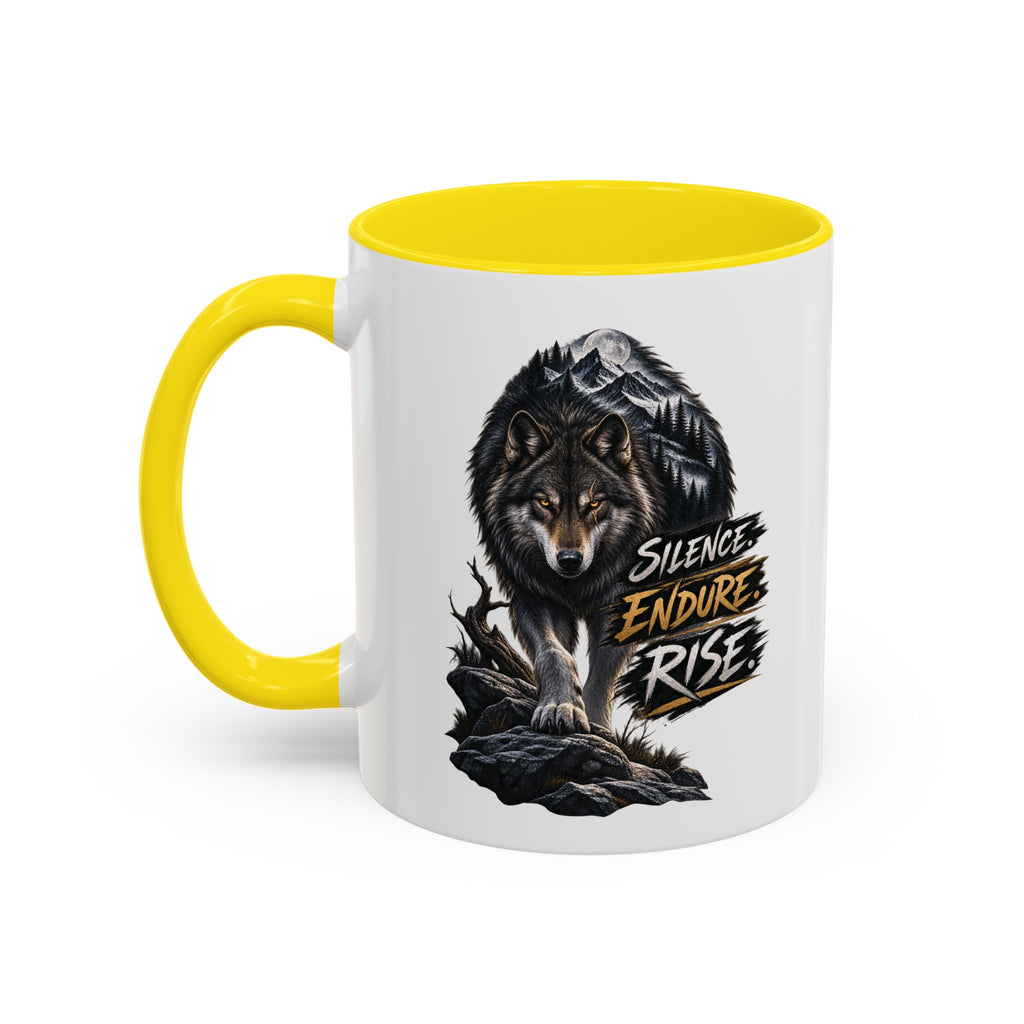 Wolf Graphic Coffee Mug — "Silence Endure Rise" Accent Ceramic Mug (11/15oz)