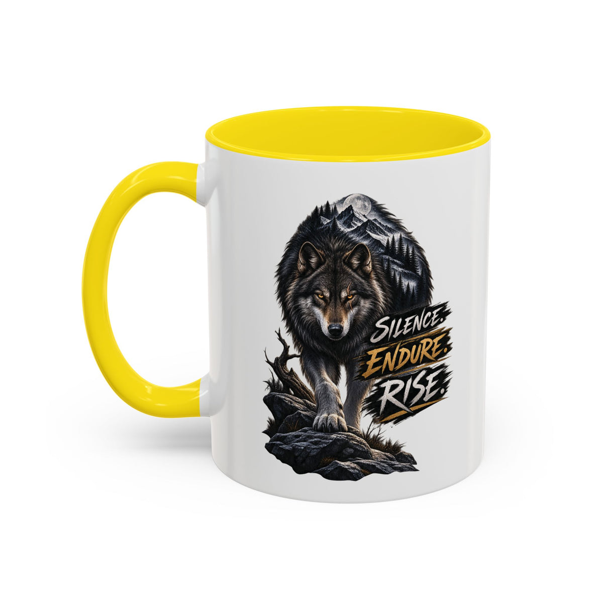Wolf Graphic Coffee Mug — "Silence Endure Rise" Accent Ceramic Mug (11/15oz)