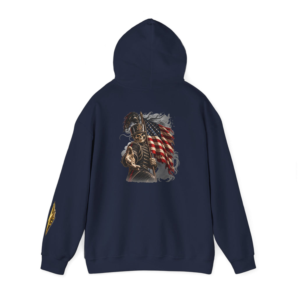 Patriotic Warrior Hoodie — American Flag Skull Back Graphic