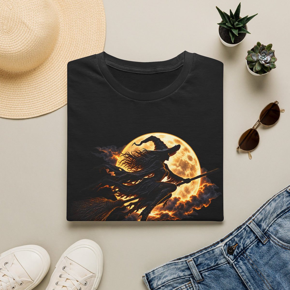 Witch Silhouette T-Shirt — Flying Witch & Full Moon Halloween Tee
