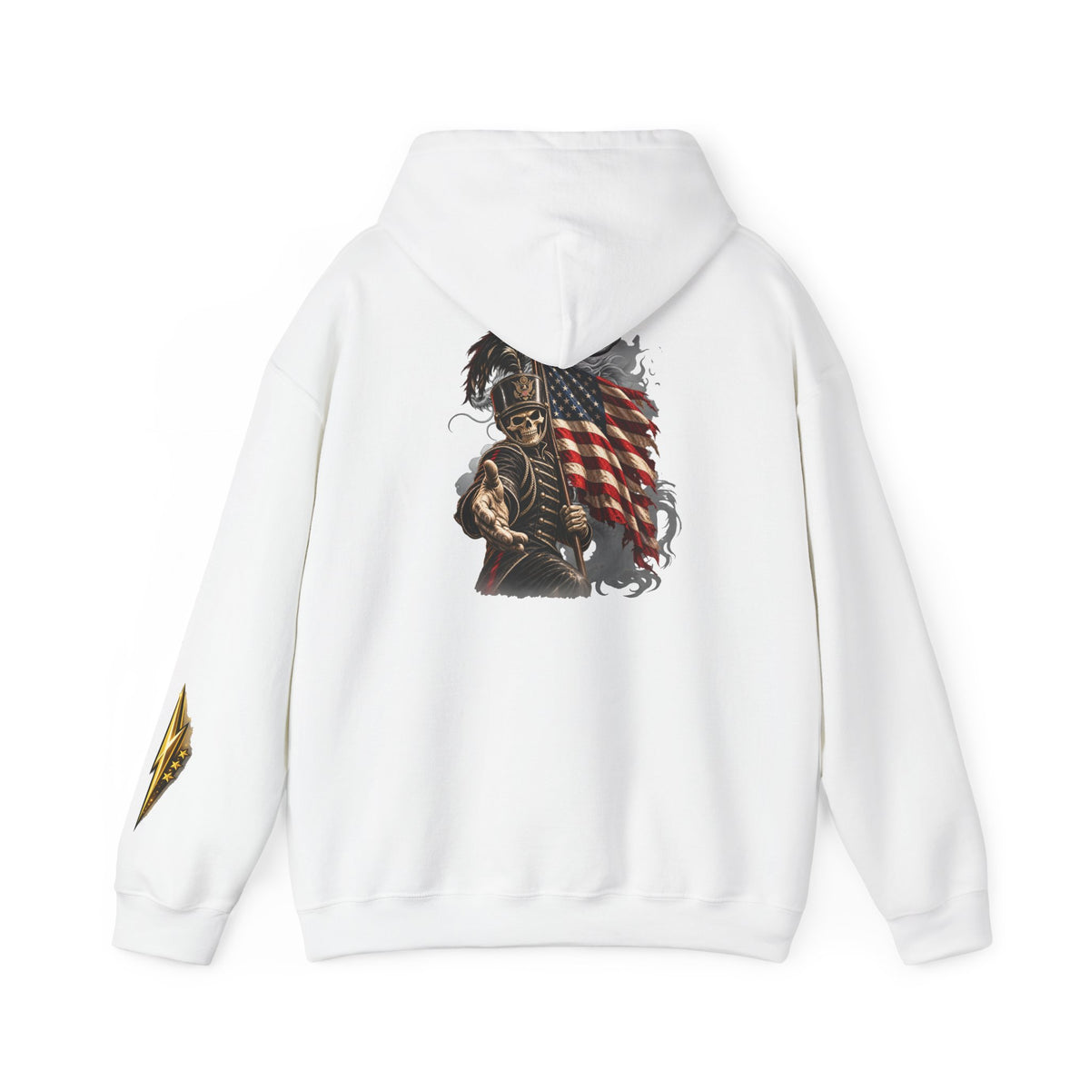 Patriotic Warrior Hoodie — American Flag Skull Back Graphic