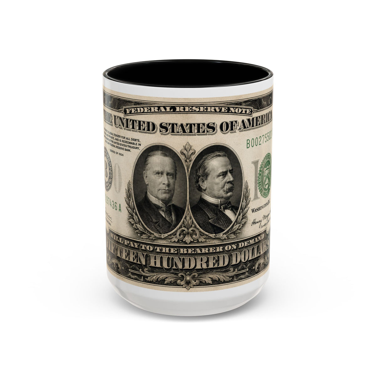 Money Print Coffee Mug — Vintage 1000 & 500 Note Accent Mug