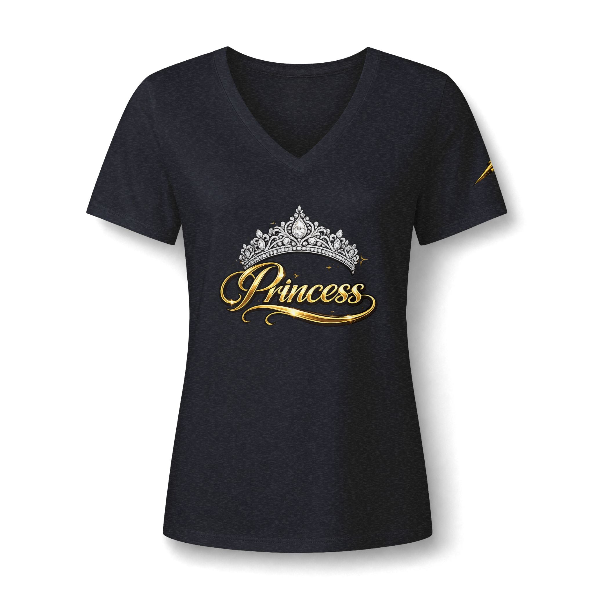 Princess V-Neck Tee — Rhinestone Tiara Graphic Shirt for Women