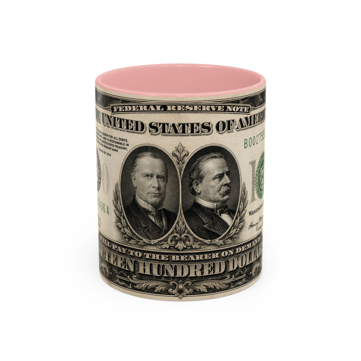 Money Print Coffee Mug — Vintage 1000 & 500 Note Accent Mug