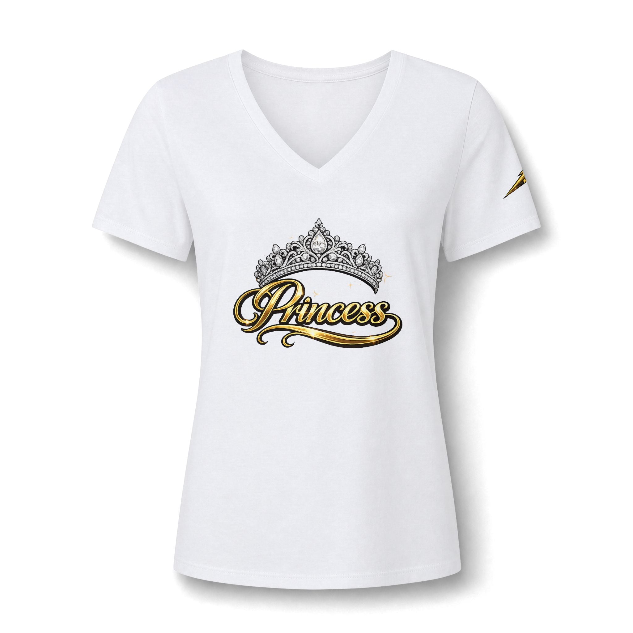 Princess V-Neck Tee — Rhinestone Tiara Graphic Shirt for Women