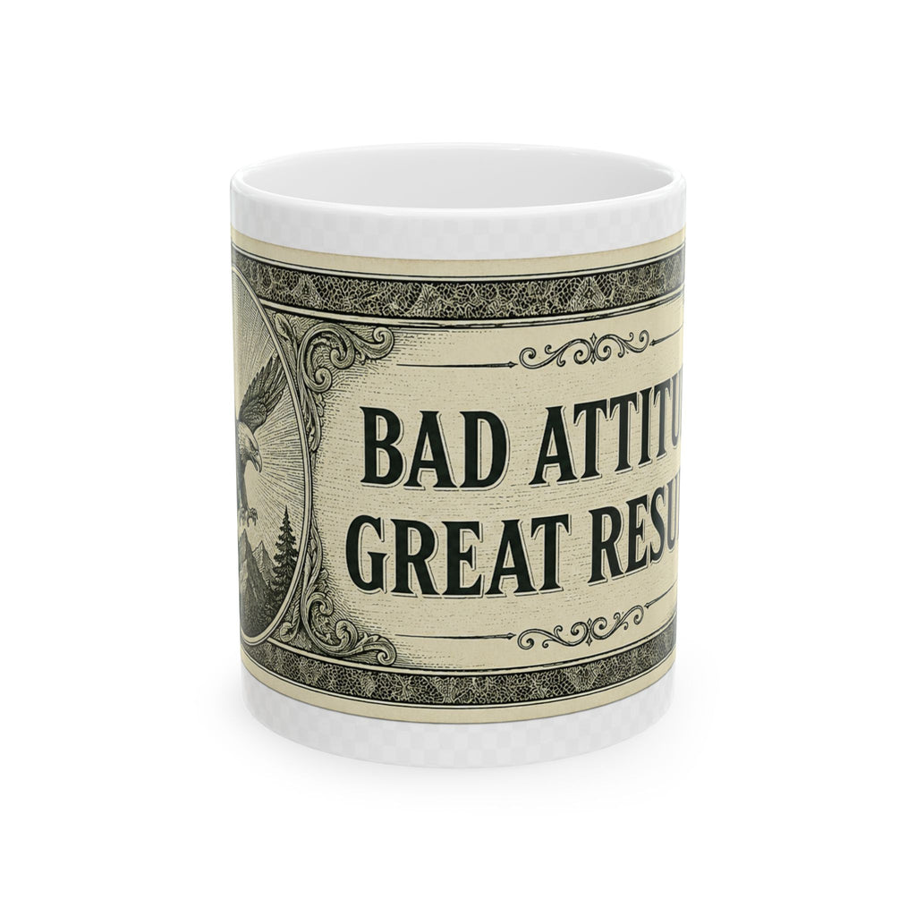 Dollar Bill Mug — "Bad Attitude, Great Results" Ceramic Coffee Cup (11oz & 15oz)