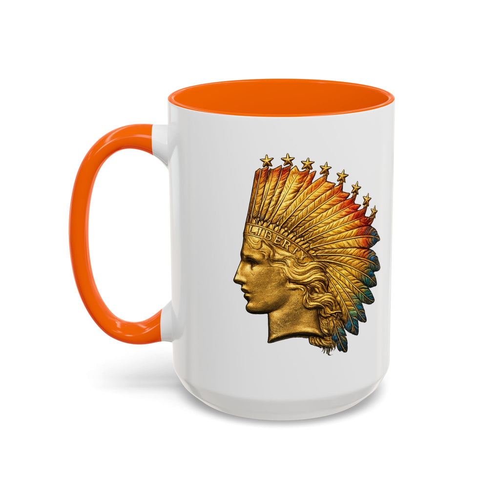 Golden Native Headdress Accent Coffee Mug – Vintage Indian Chief Design (11/15oz)