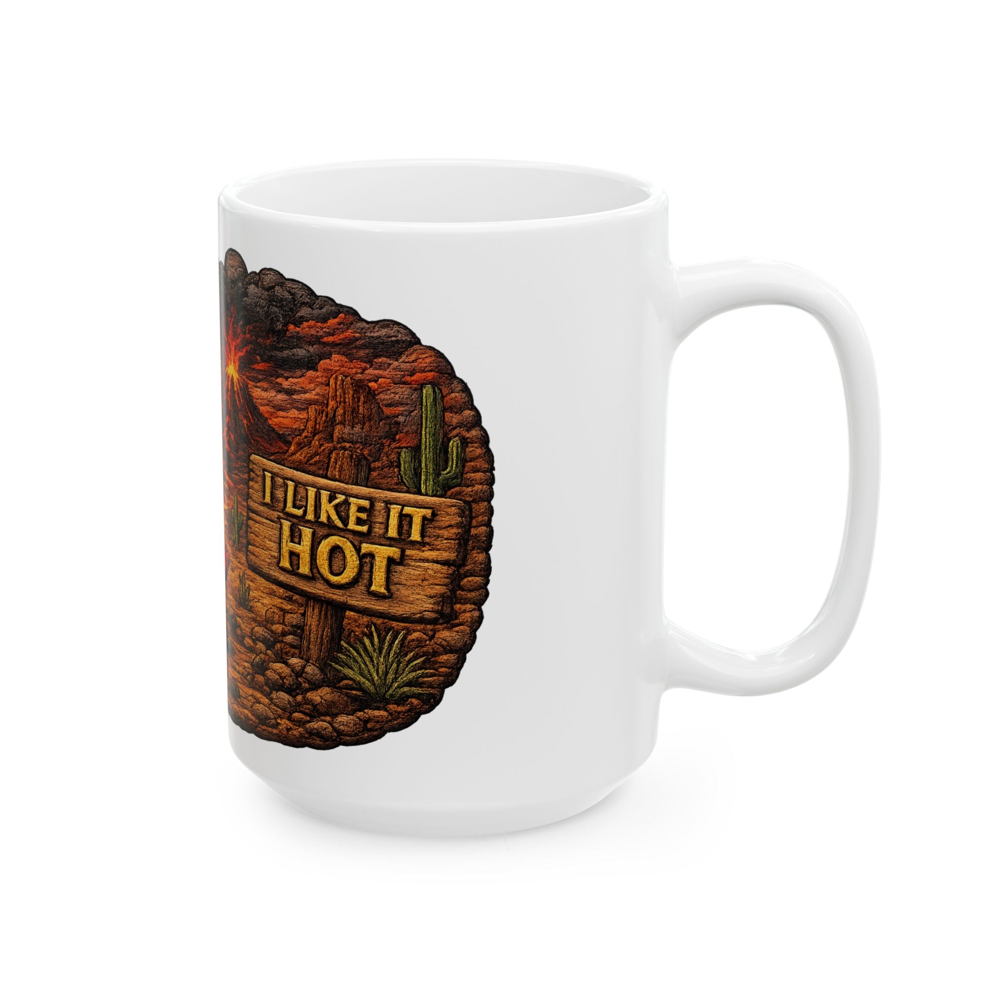 Devil Vacation Ceramic Mug — 'I Like It Hot' Volcano Coffee Tea Cup (11oz/15oz)