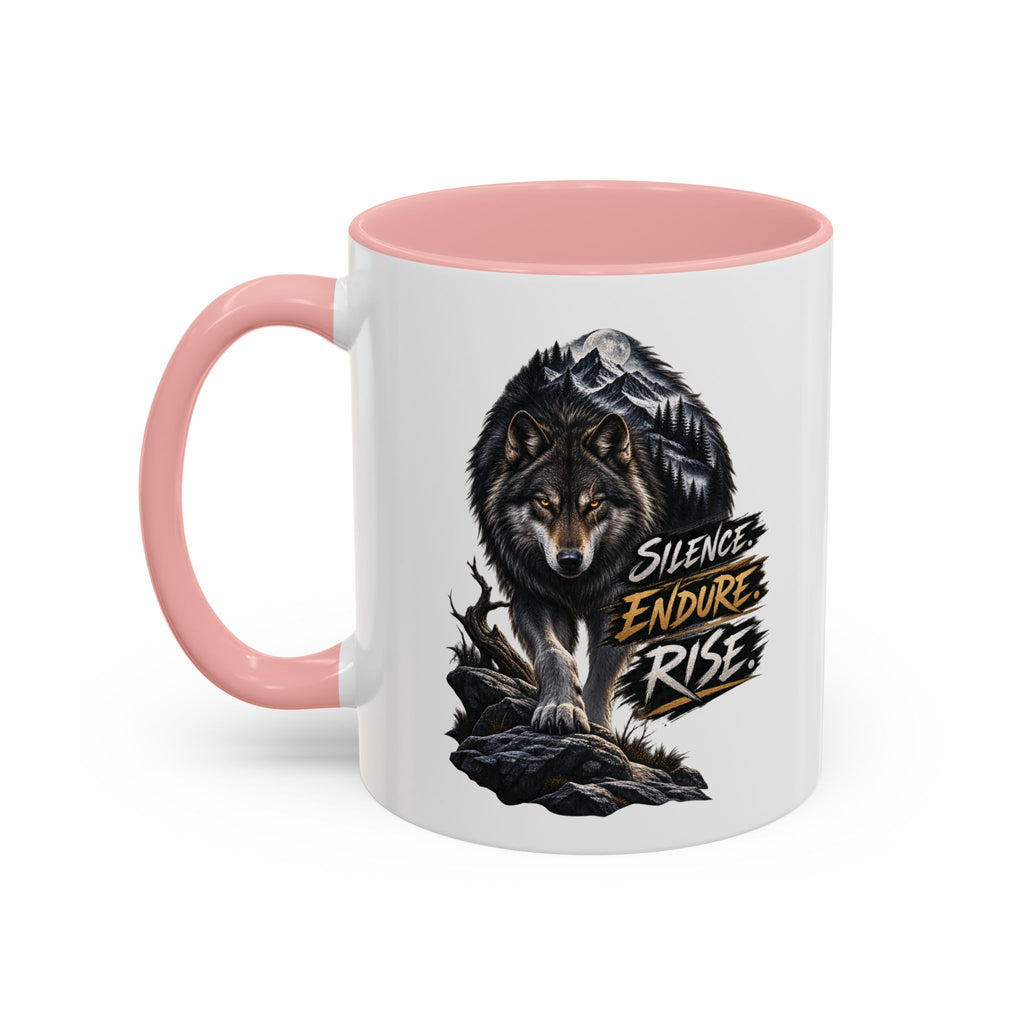 Wolf Graphic Coffee Mug — "Silence Endure Rise" Accent Ceramic Mug (11/15oz)