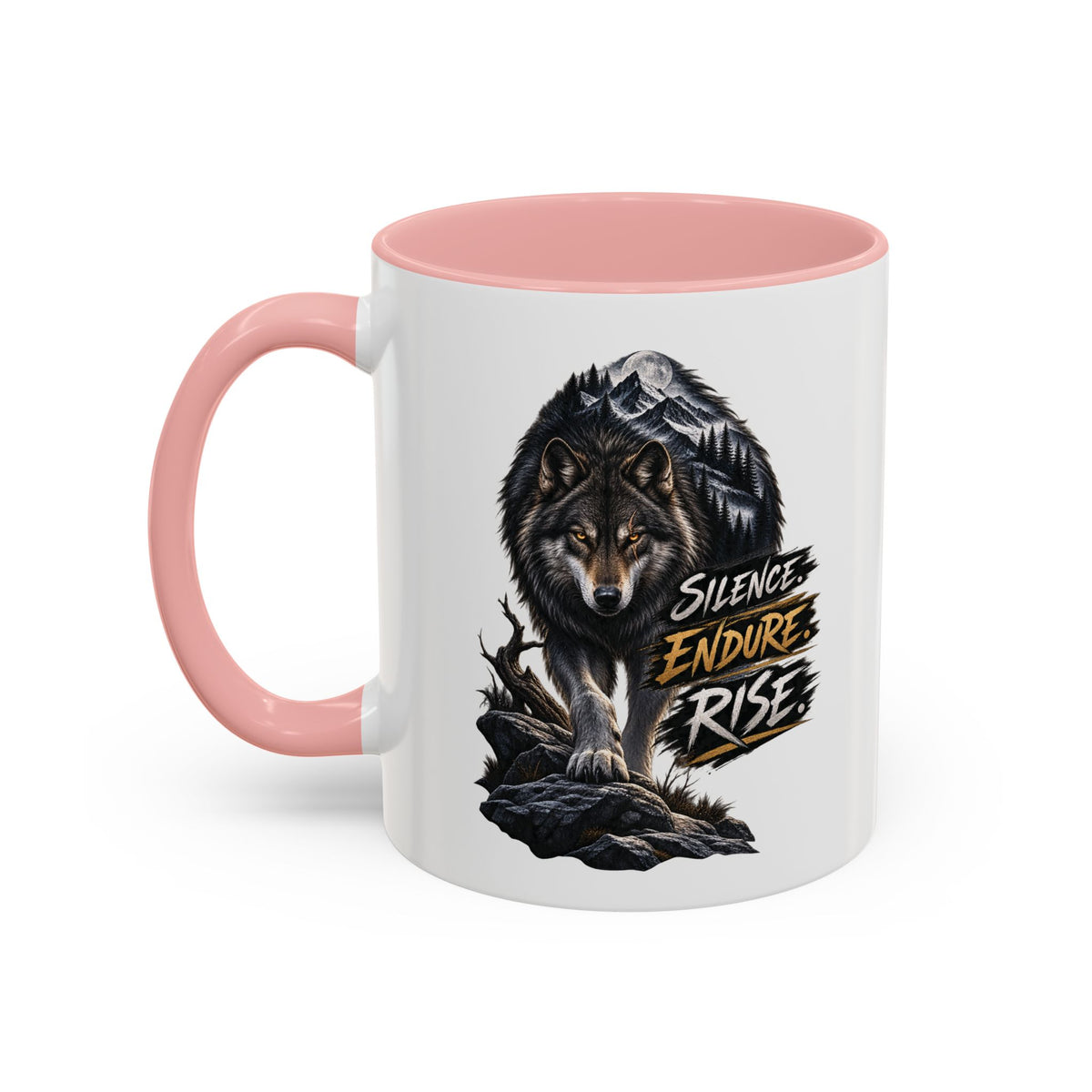 Wolf Graphic Coffee Mug — "Silence Endure Rise" Accent Ceramic Mug (11/15oz)