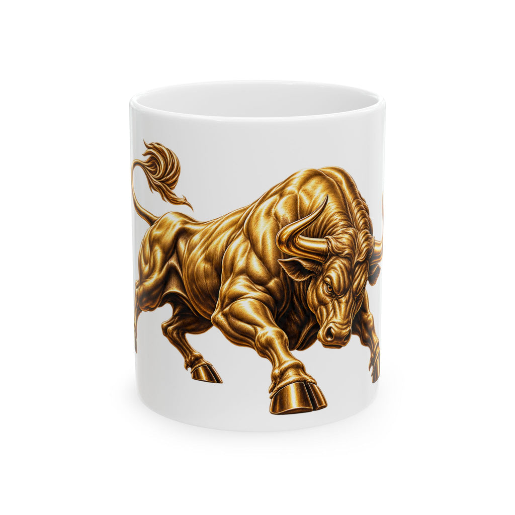 Golden Charging Bull Ceramic Mug - Bold Stock Market Coffee Cup (11oz, 15oz)