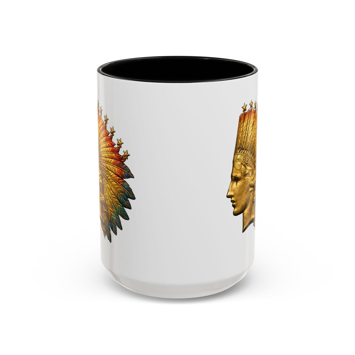 Golden Native Headdress Accent Coffee Mug – Vintage Indian Chief Design (11/15oz)