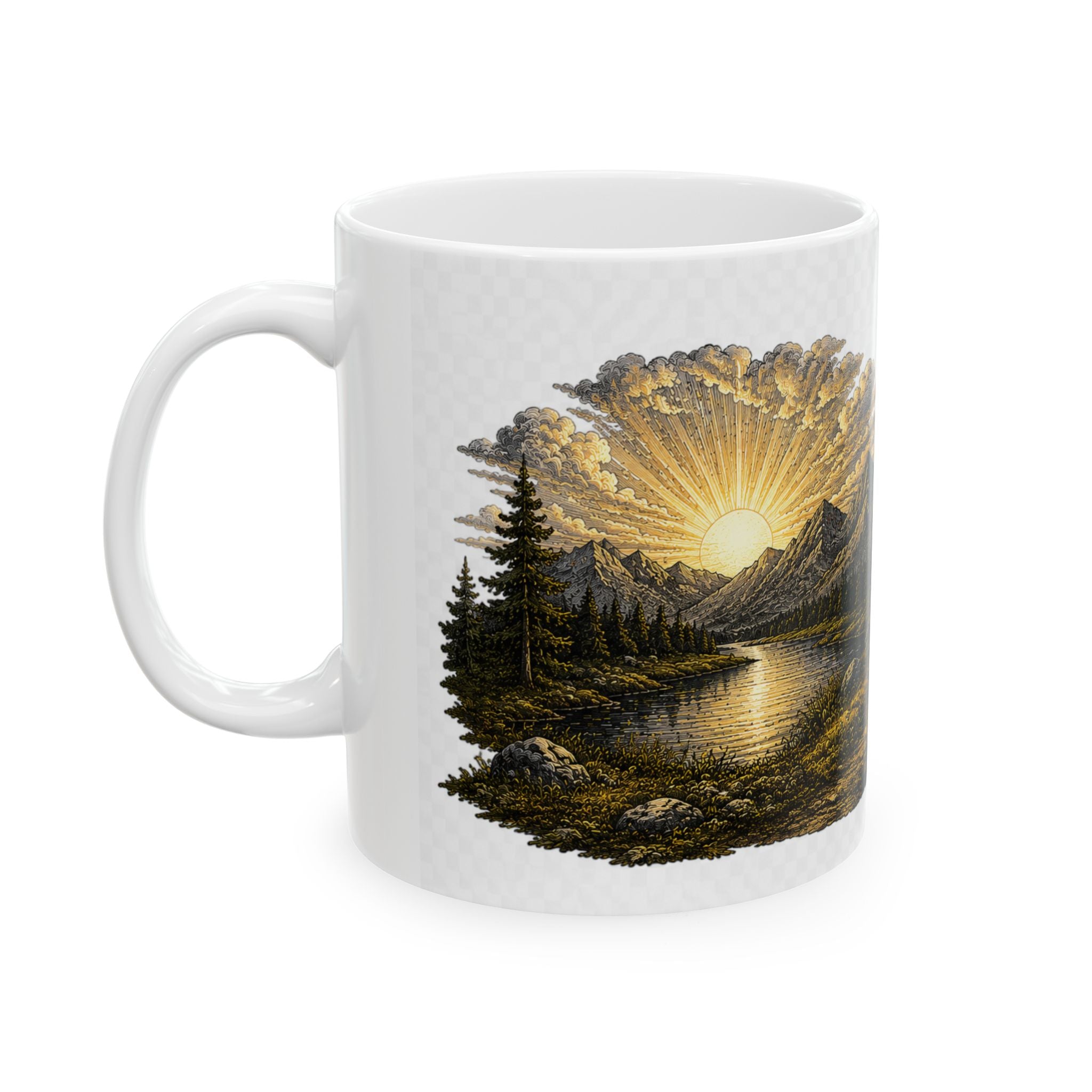 Sunrise Wilderness Ceramic Mug — Scenic Mountains & 'Seek Adventure' Sign (11oz, 15oz)