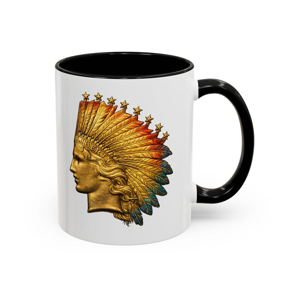 Golden Native Headdress Accent Coffee Mug – Vintage Indian Chief Design (11/15oz)