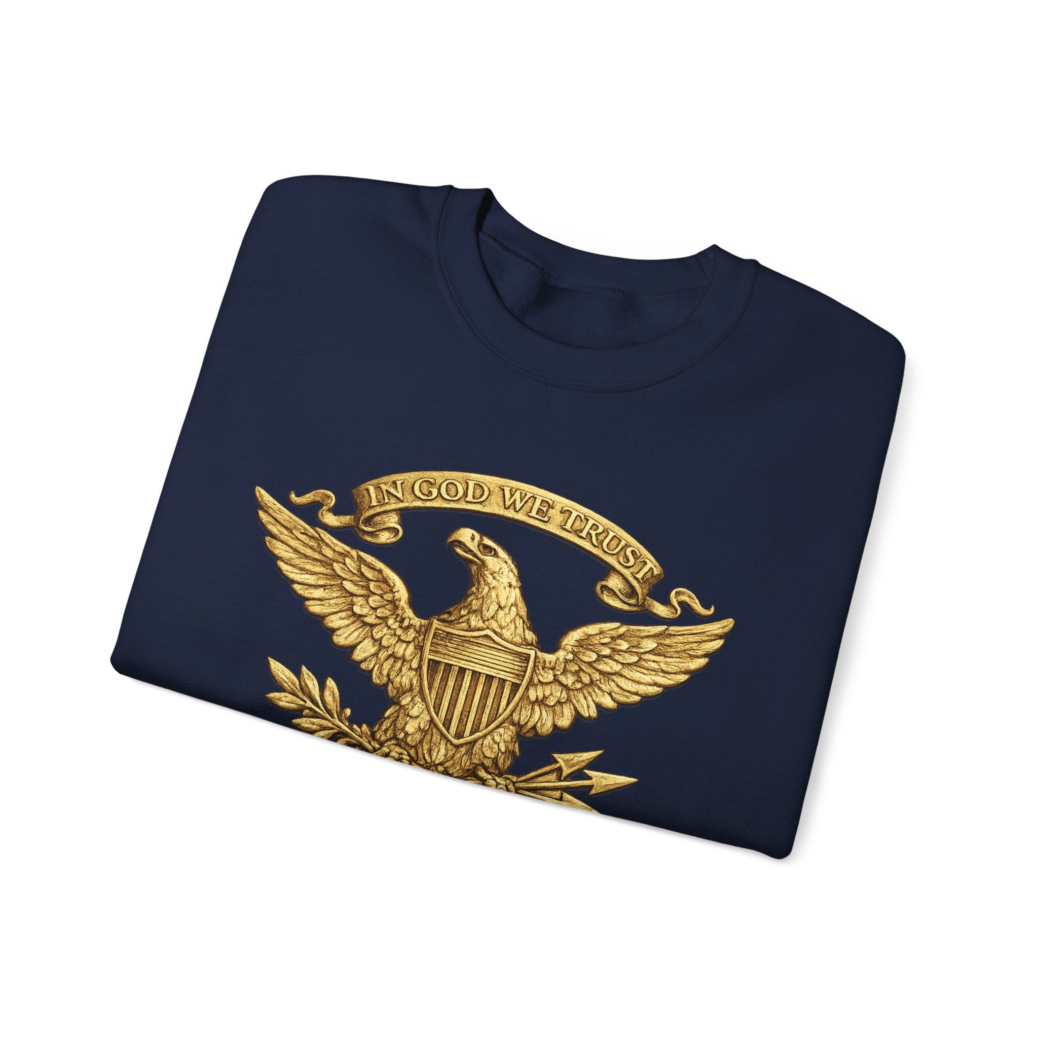 Gold Eagle Emblem Sweatshirt — ‘About We Trust’ Vintage Patriotic Crewneck