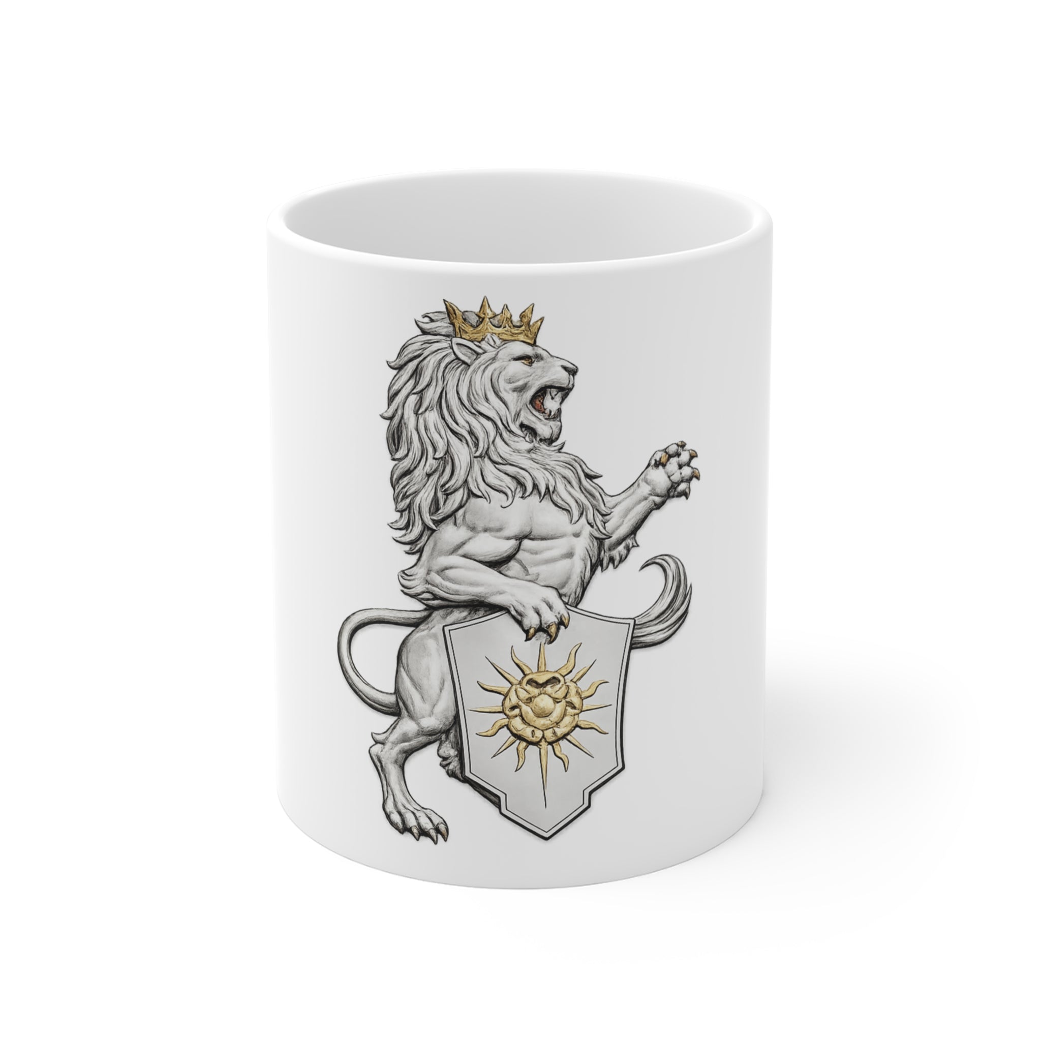 Heraldic Lion Crest Mug — Royal Shield Coffee Cup (11 oz)
