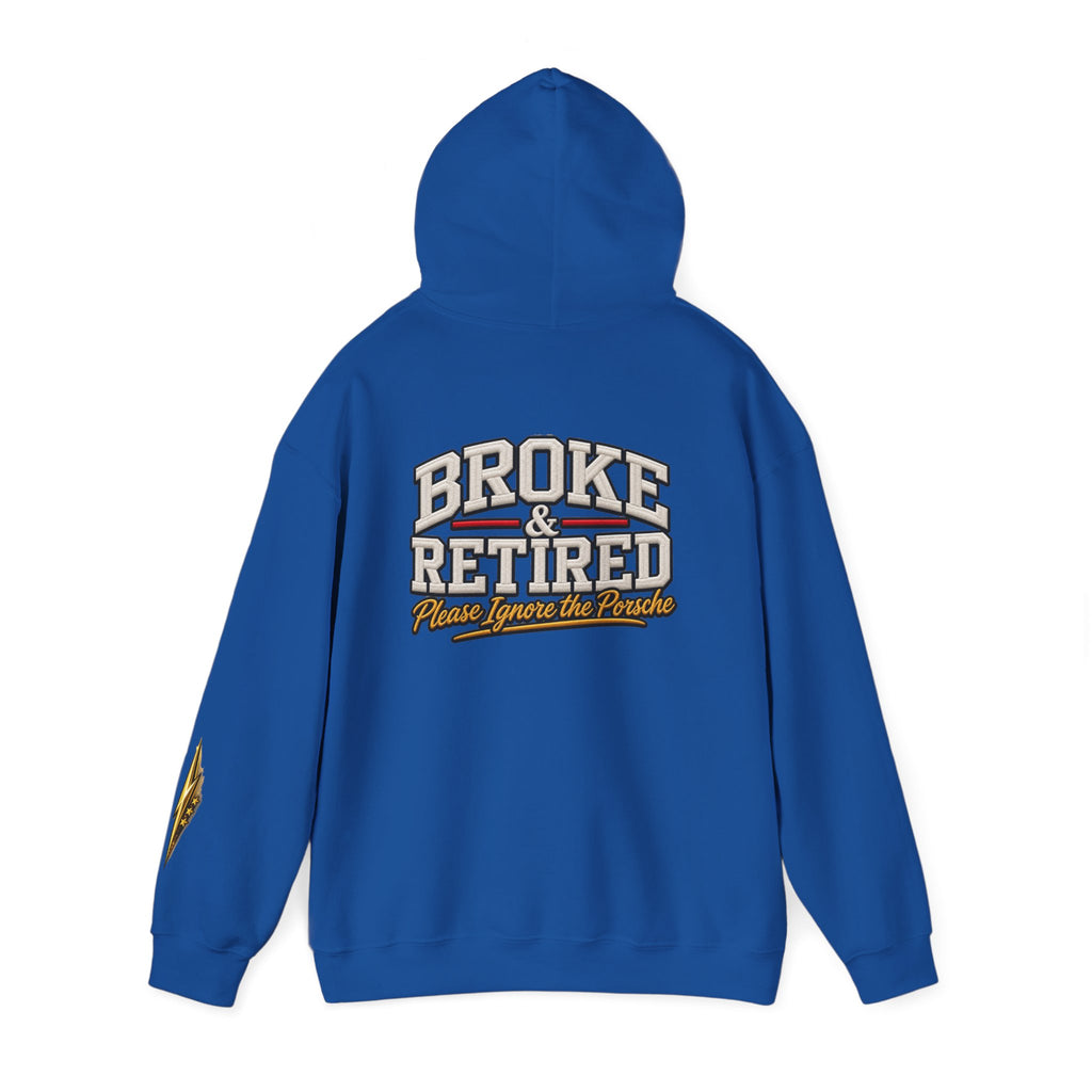 Broke & Retired Hoodie — 'Please Ignore the Pockets' Graphic Sweatshirt