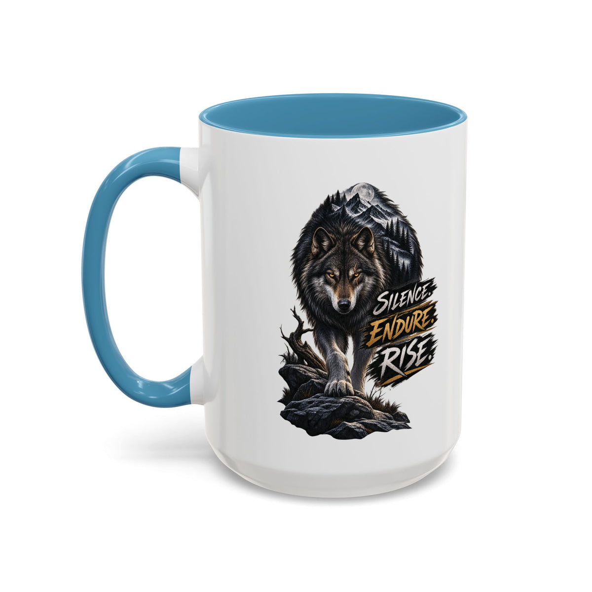 Wolf Graphic Coffee Mug — "Silence Endure Rise" Accent Ceramic Mug (11/15oz)