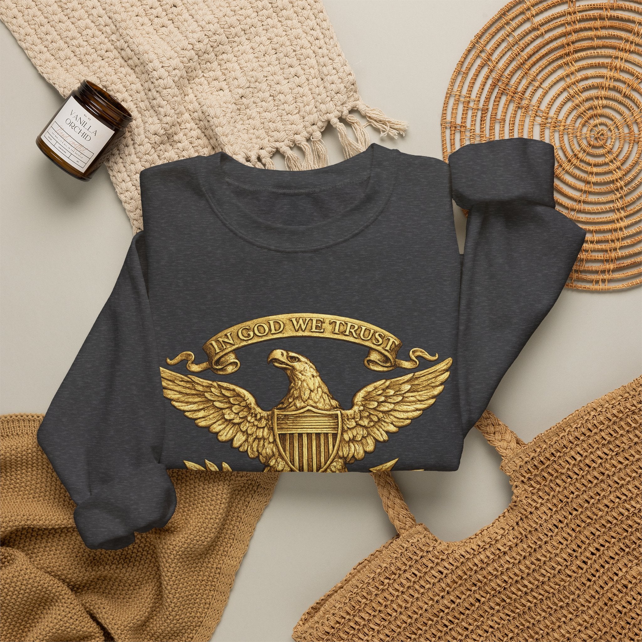 Gold Eagle Emblem Sweatshirt — ‘About We Trust’ Vintage Patriotic Crewneck