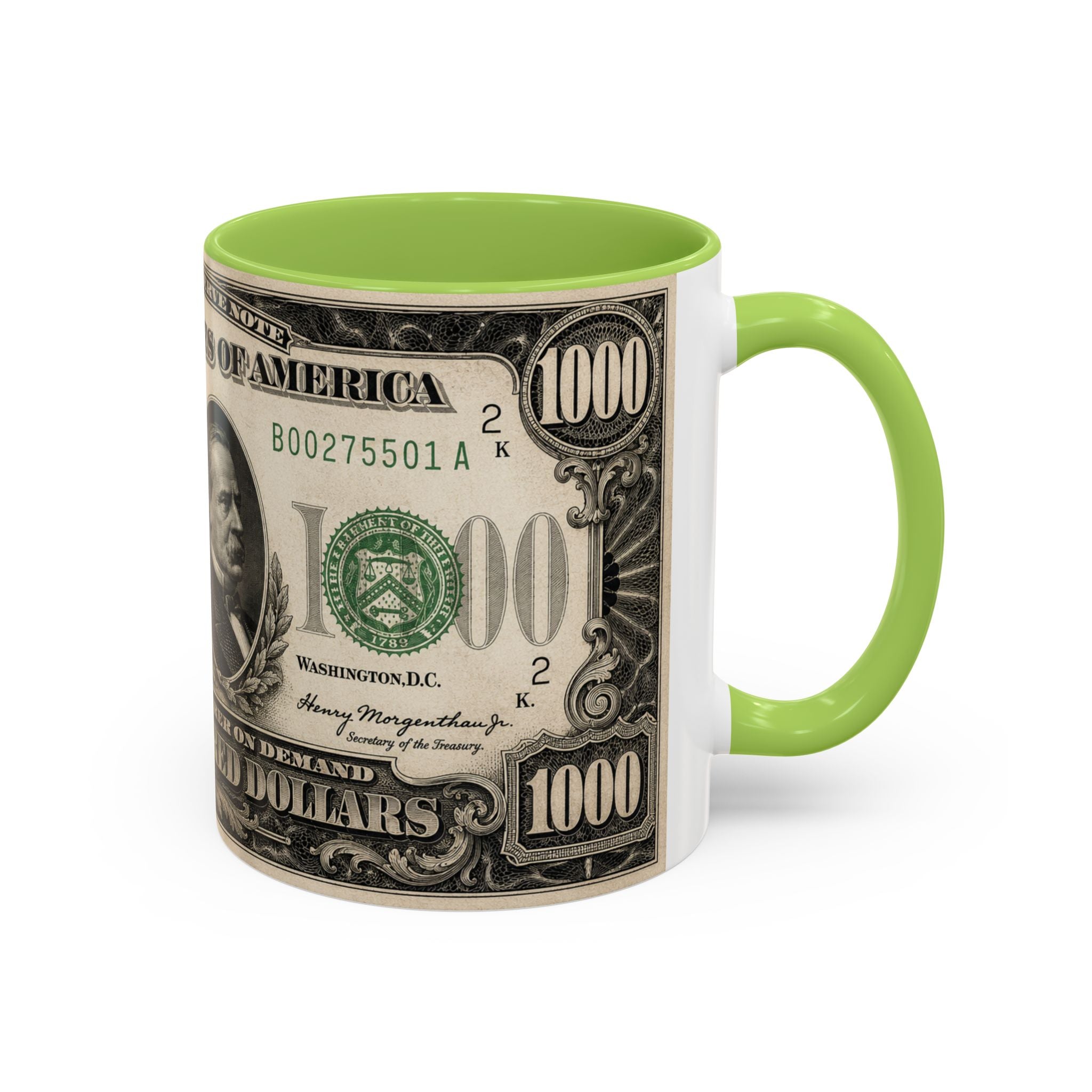 Money Print Coffee Mug — Vintage 1000 & 500 Note Accent Mug