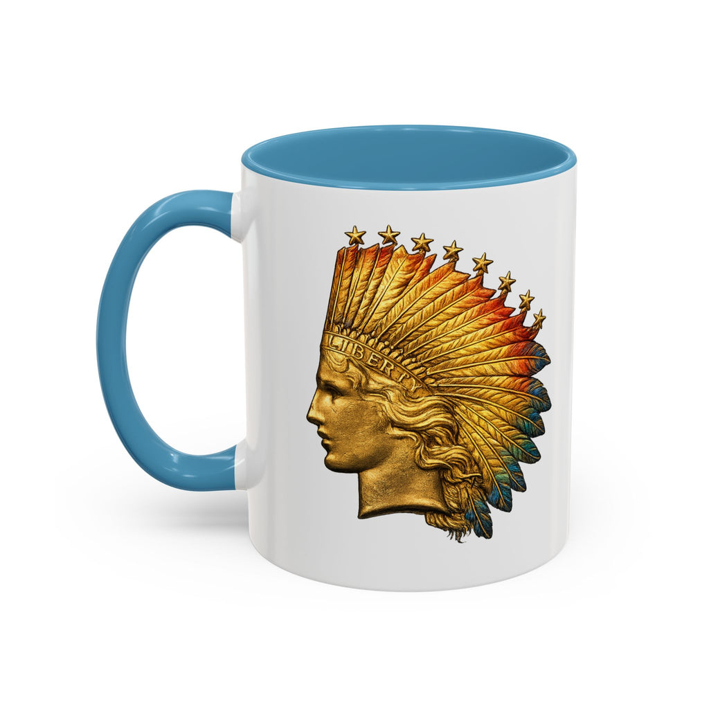 Golden Native Headdress Accent Coffee Mug – Vintage Indian Chief Design (11/15oz)