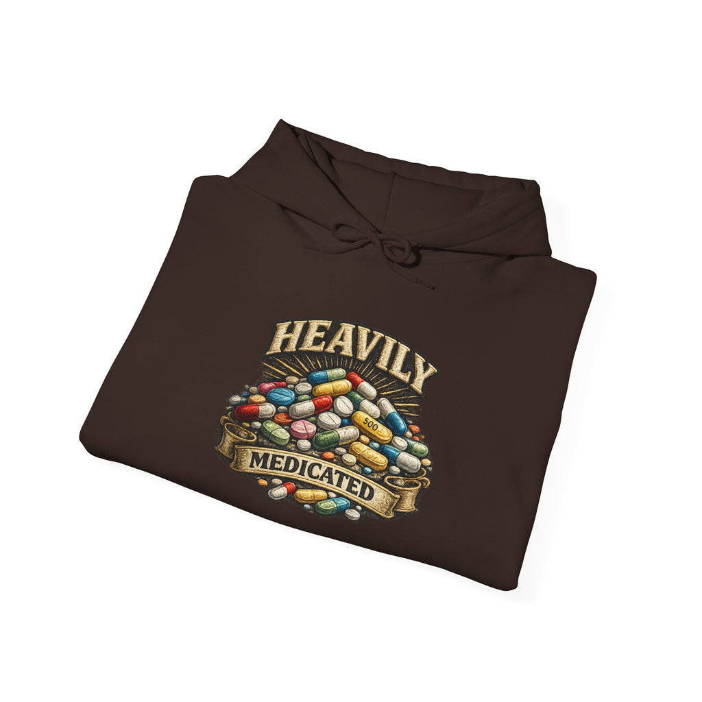 Heavily Medicated Hoodie — 'Heavily Medicated' Pill Pile Graphic Pullover