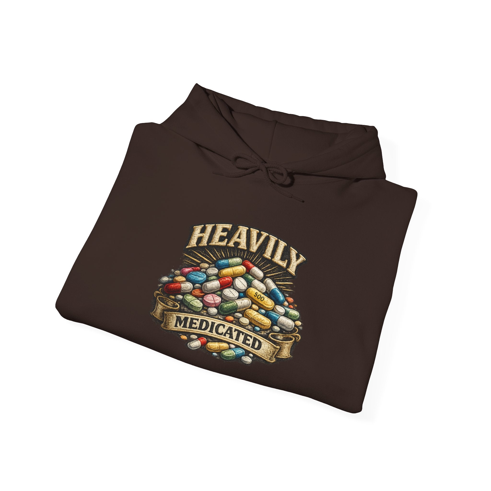 Heavily Medicated Hoodie — 'Heavily Medicated' Pill Pile Graphic Pullover