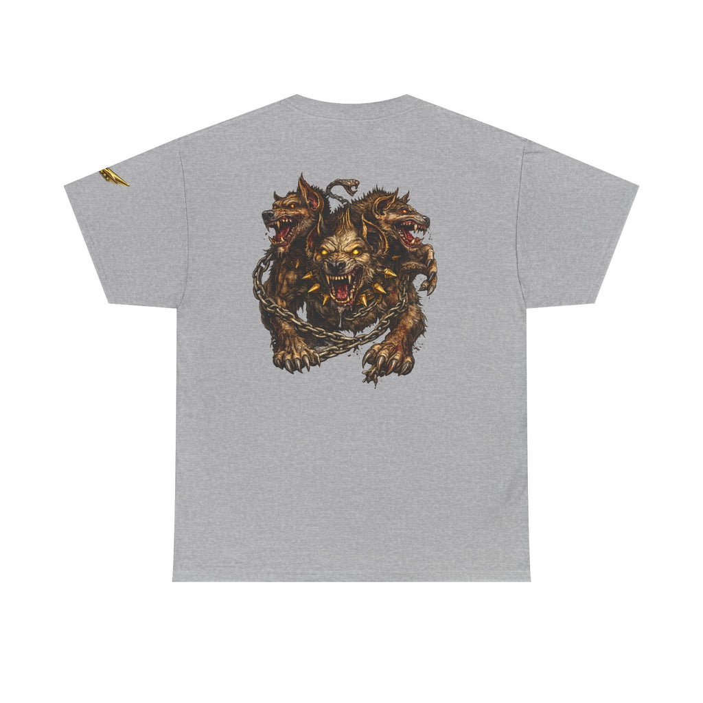 Three-Headed Hellhound Graphic Tee — Mythic Wolf Monster Back Print