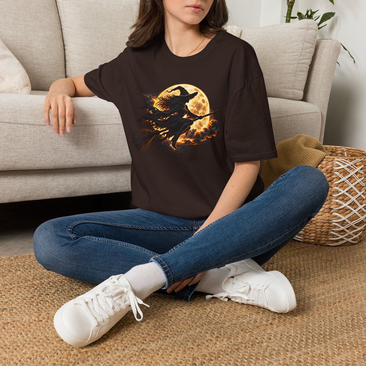 Witch Silhouette T-Shirt — Flying Witch & Full Moon Halloween Tee