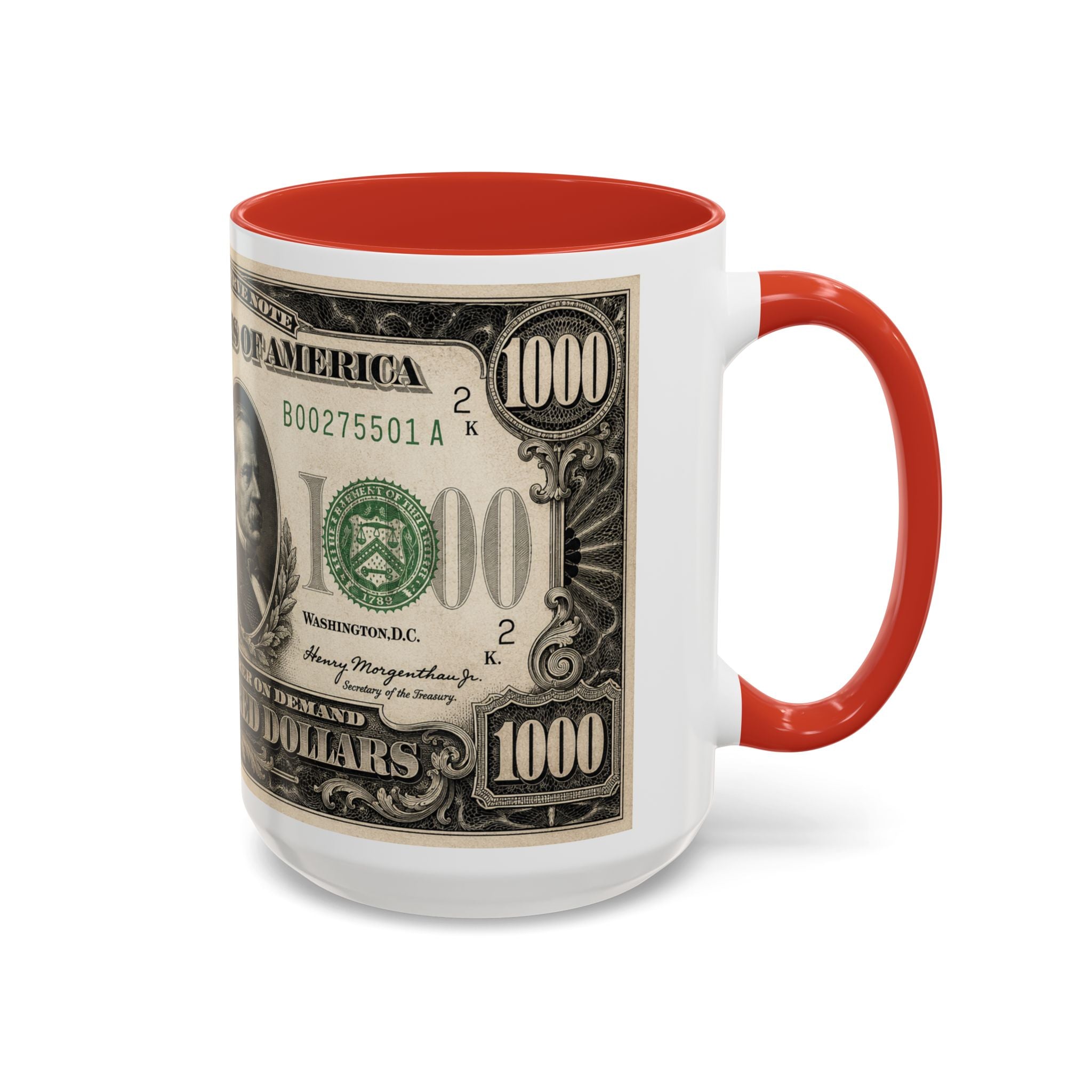 Money Print Coffee Mug — Vintage 1000 & 500 Note Accent Mug