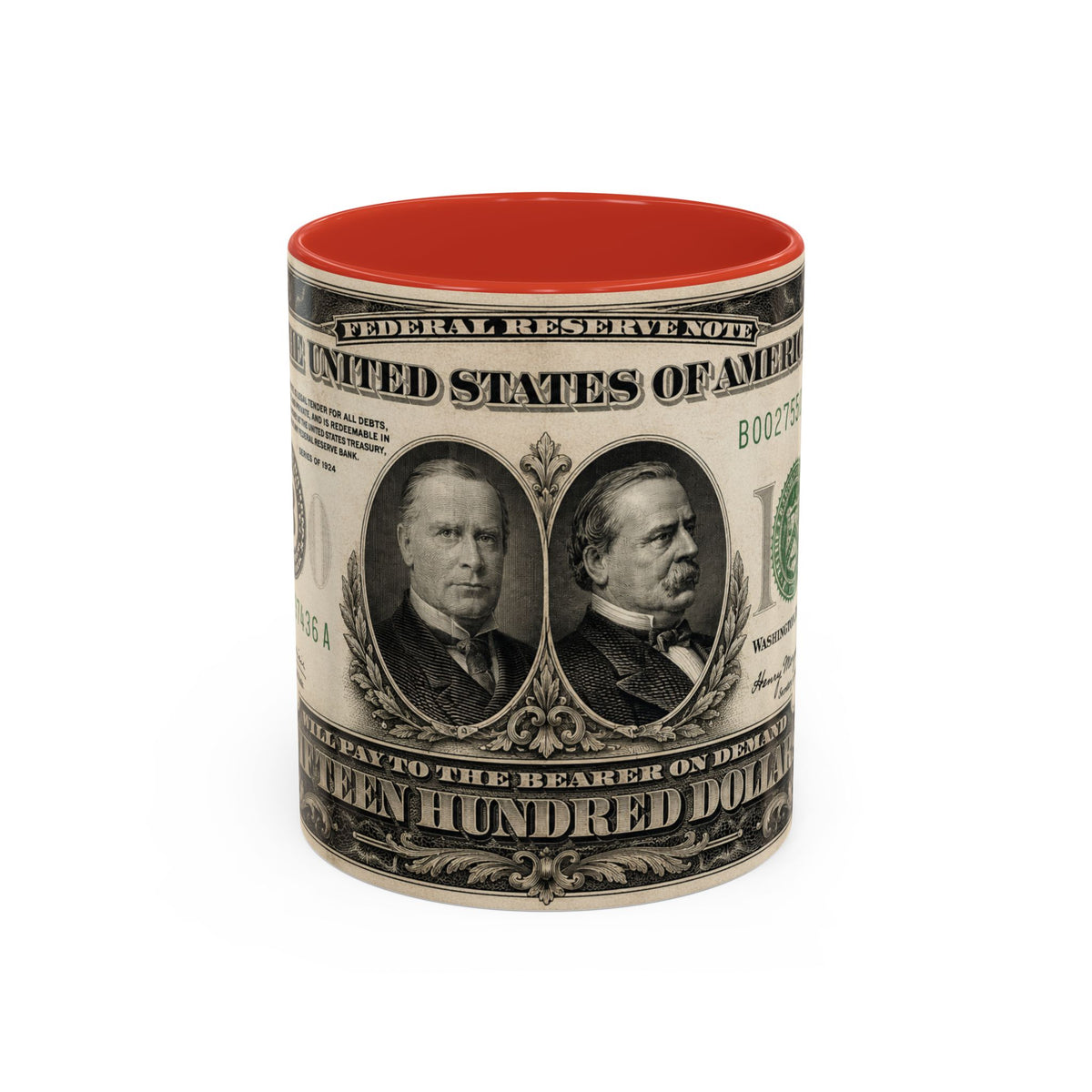 Money Print Coffee Mug — Vintage 1000 & 500 Note Accent Mug