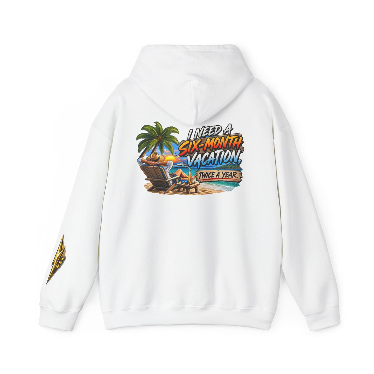 Vacation Hoodie — "I Need a Six-Month Vacation, Twice a Year" Tropical Graphic