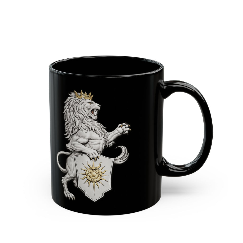 Copy of Regal Lion Crest Black Mug – Crowned Lion with Sun Shield, Medieval Heraldry Coffee Cup
