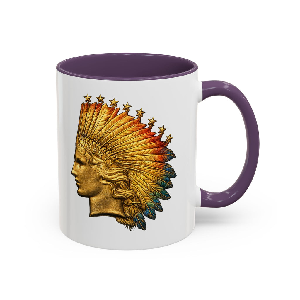 Golden Native Headdress Accent Coffee Mug – Vintage Indian Chief Design (11/15oz)