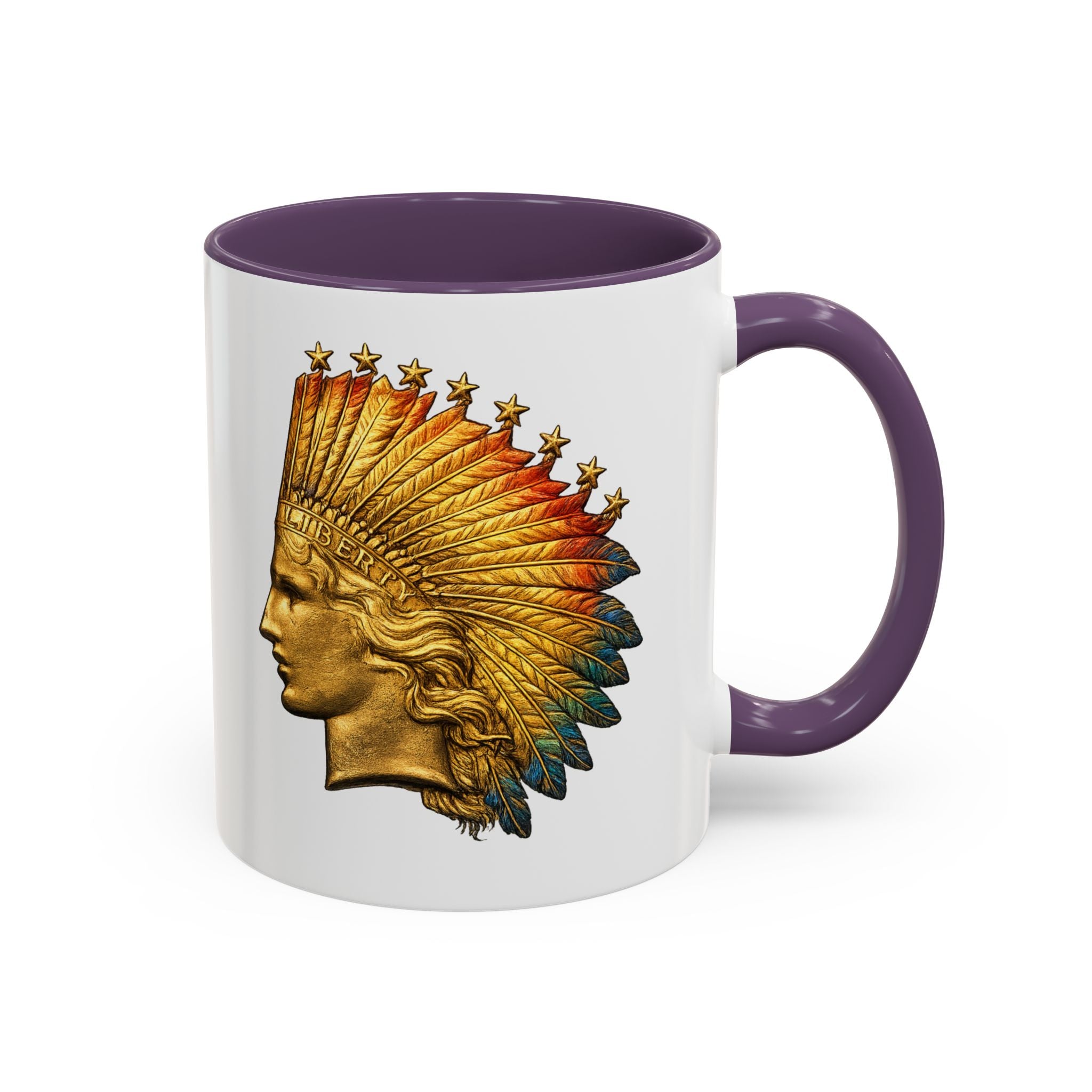 Golden Native Headdress Accent Coffee Mug – Vintage Indian Chief Design (11/15oz)