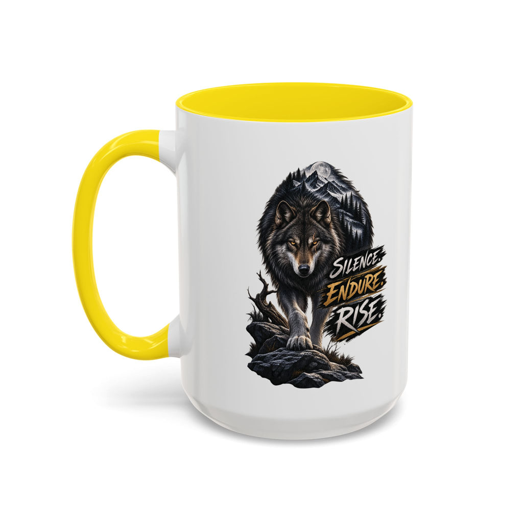 Wolf Graphic Coffee Mug — "Silence Endure Rise" Accent Ceramic Mug (11/15oz)