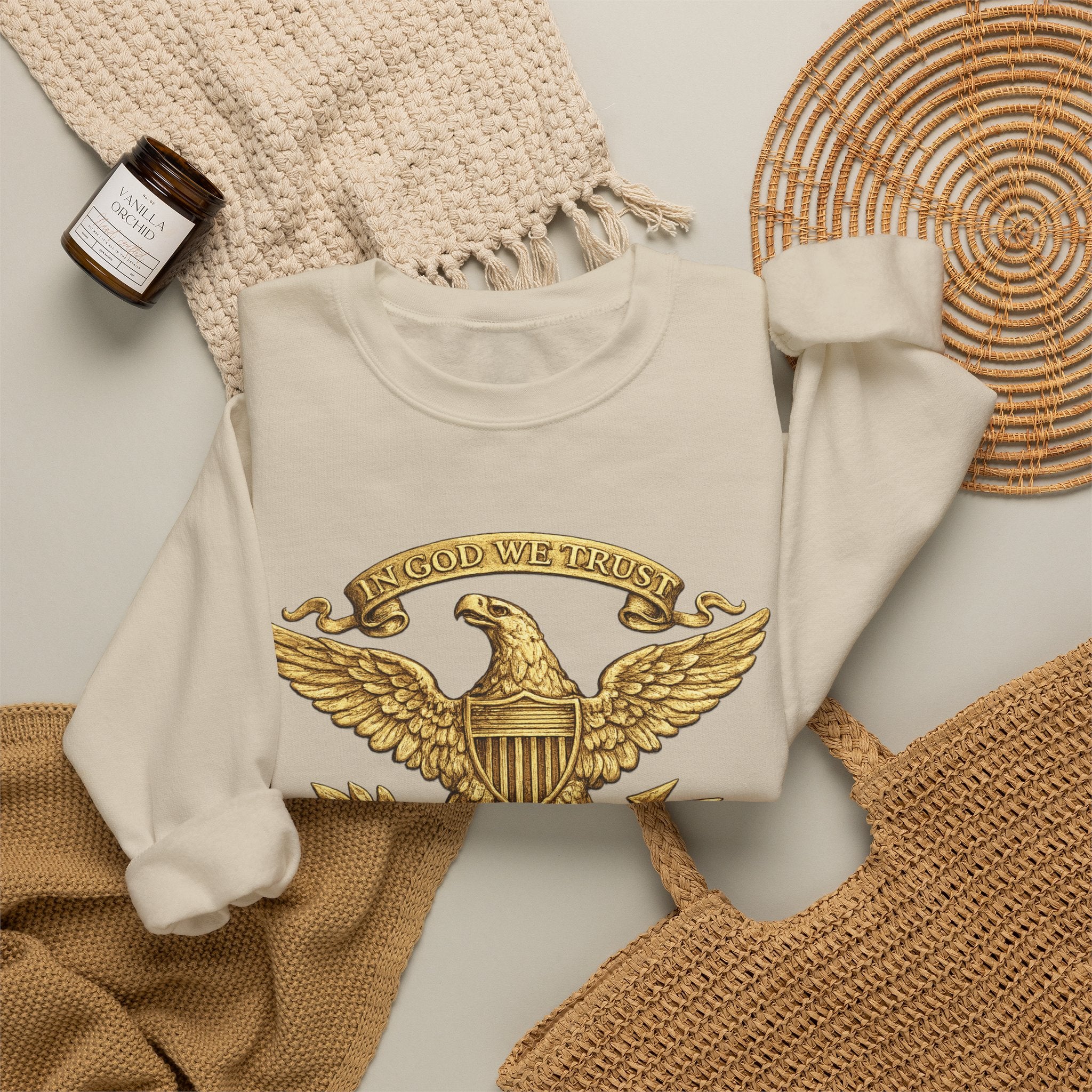 Gold Eagle Emblem Sweatshirt — ‘About We Trust’ Vintage Patriotic Crewneck