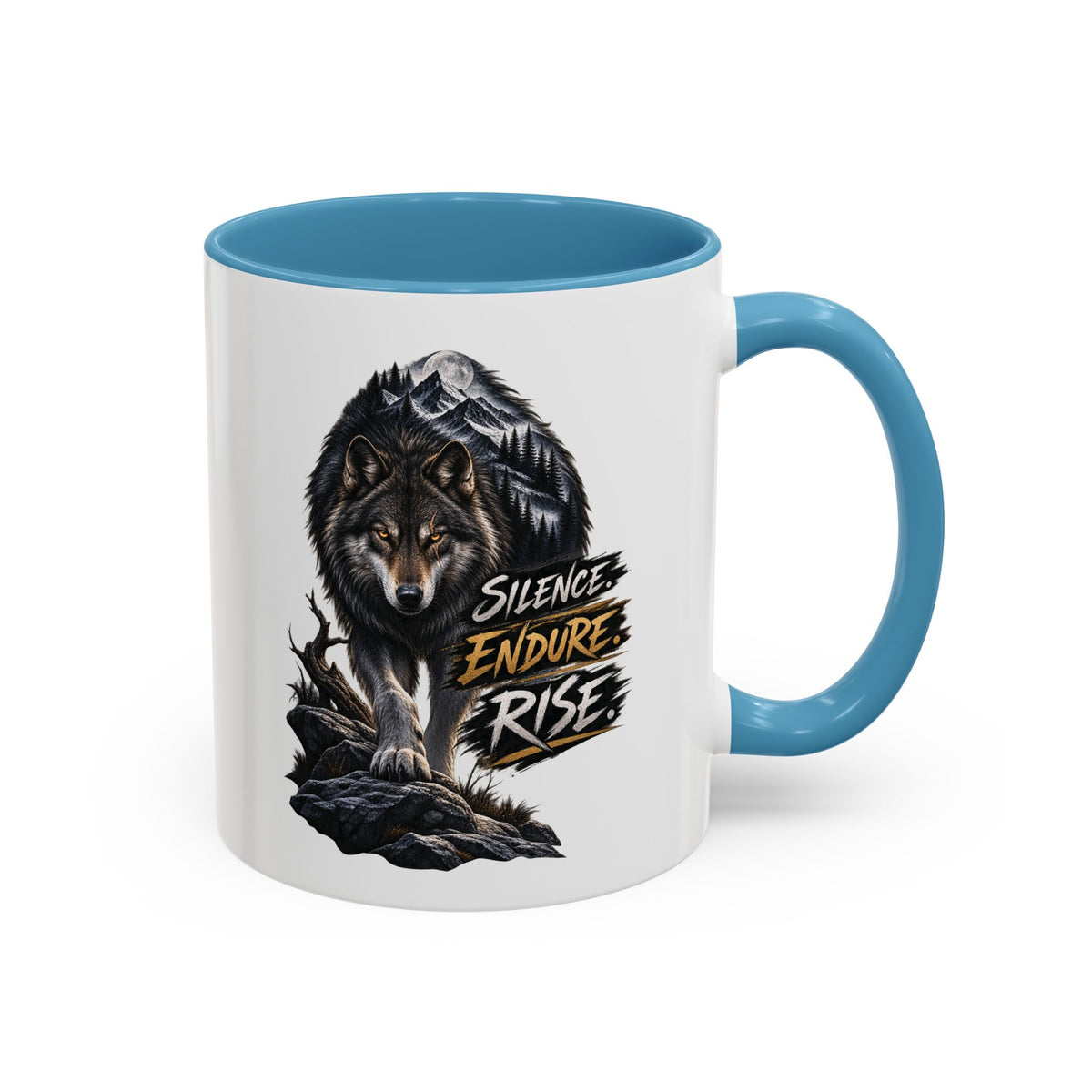Wolf Graphic Coffee Mug — "Silence Endure Rise" Accent Ceramic Mug (11/15oz)